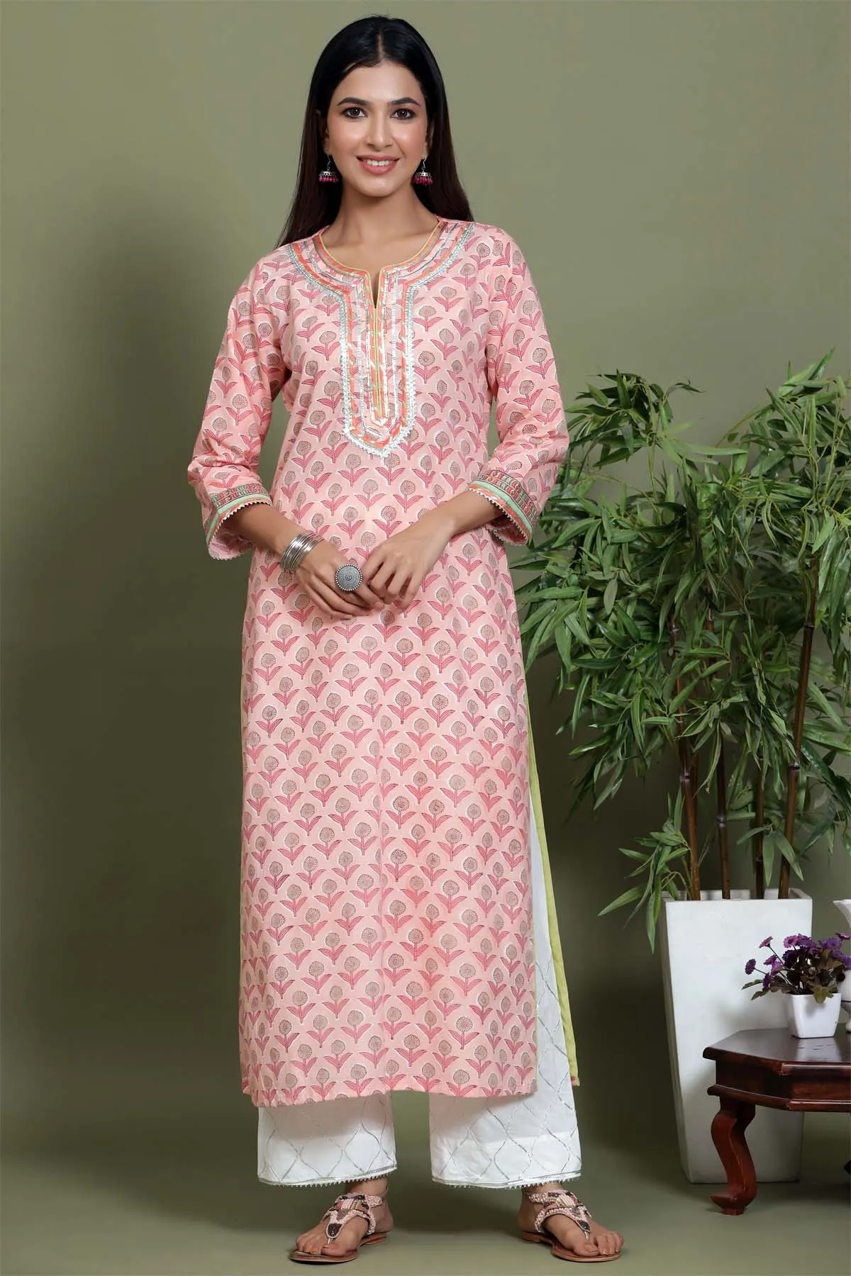 Peach floral hand block printed kurta