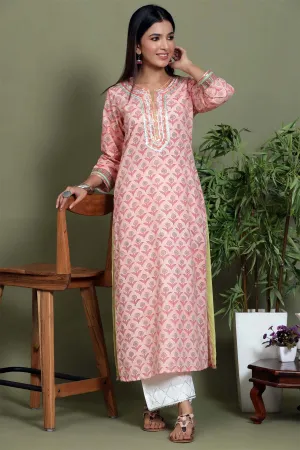 Peach floral hand block printed kurta