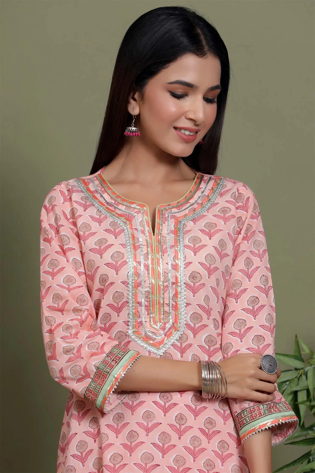 Peach floral hand block printed kurta