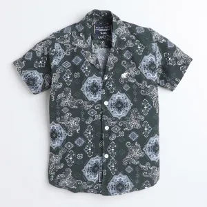 Polka Tots Cotton Half Sleeves Floral Printed Shirt - Dark Green