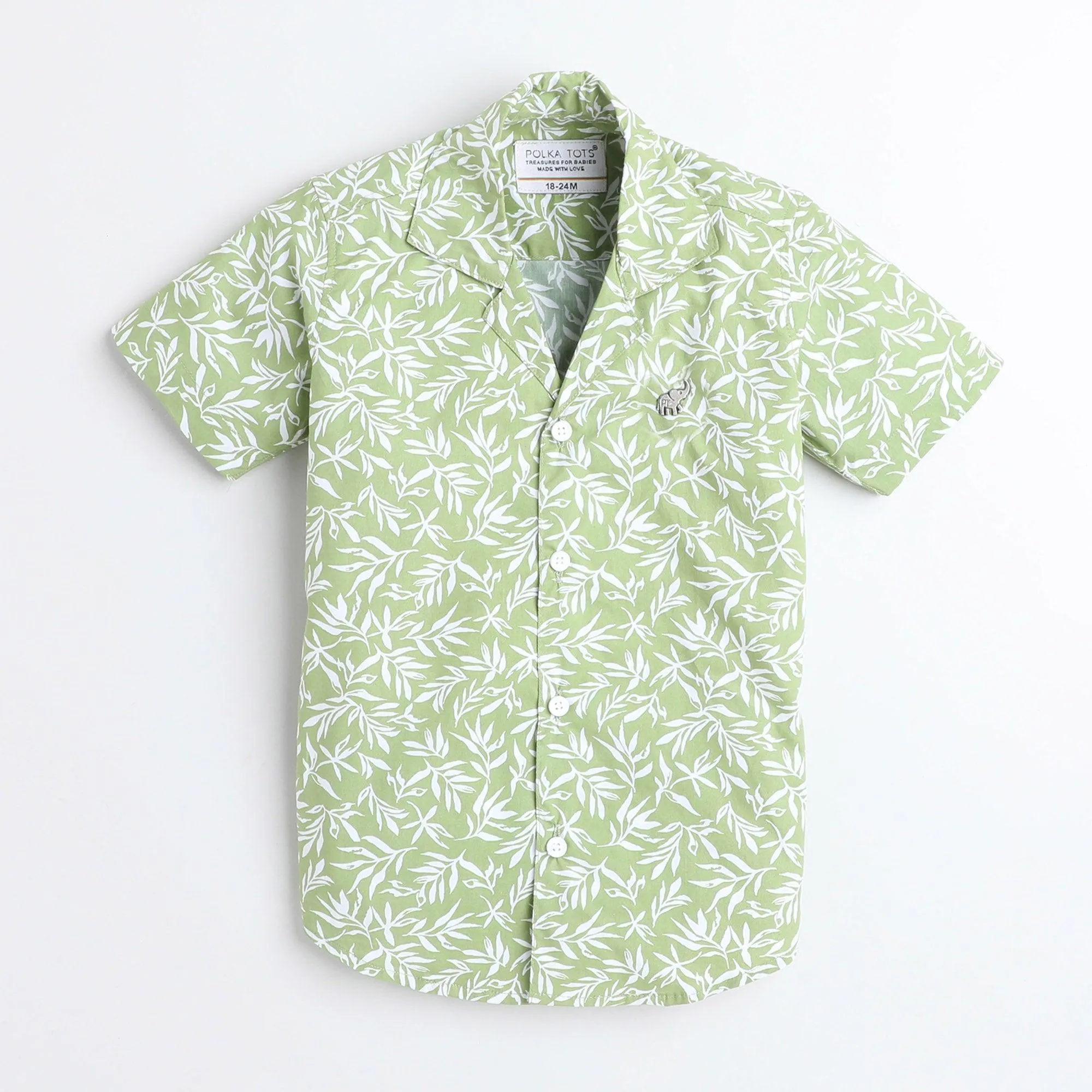 Polka Tots Cotton Half Sleeves Floral Printed Tennis Collar Shirt - Green