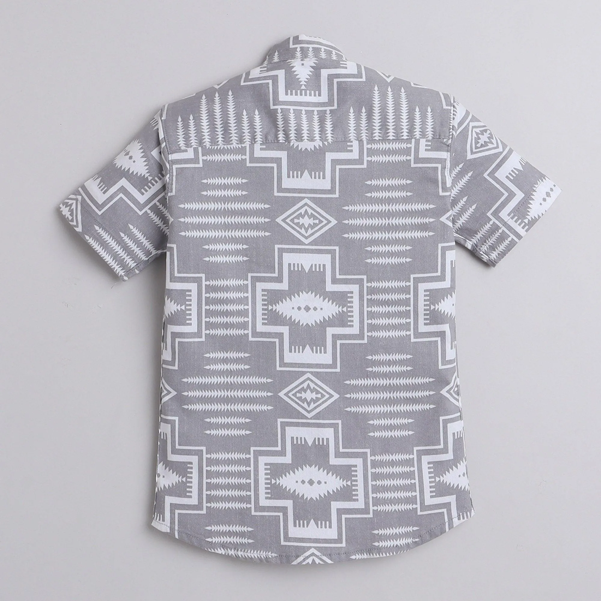 Polka Tots Cotton Regular Fit Half Sleeve Chinese Collar Geometric Print Shirt - Grey