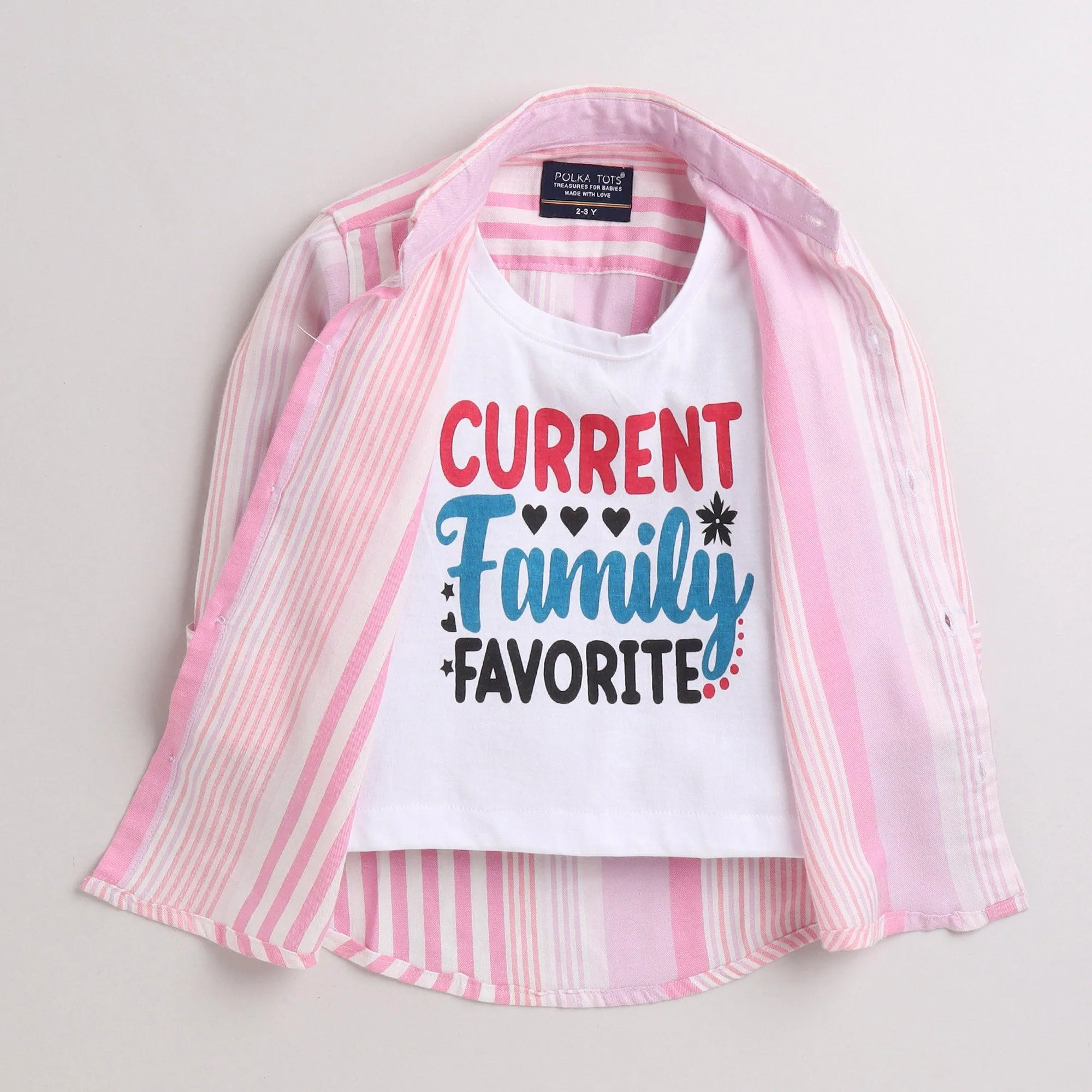 Polka Tots Full Sleeve Shirt With Attached Tshirt Family Favourite Print - Pink