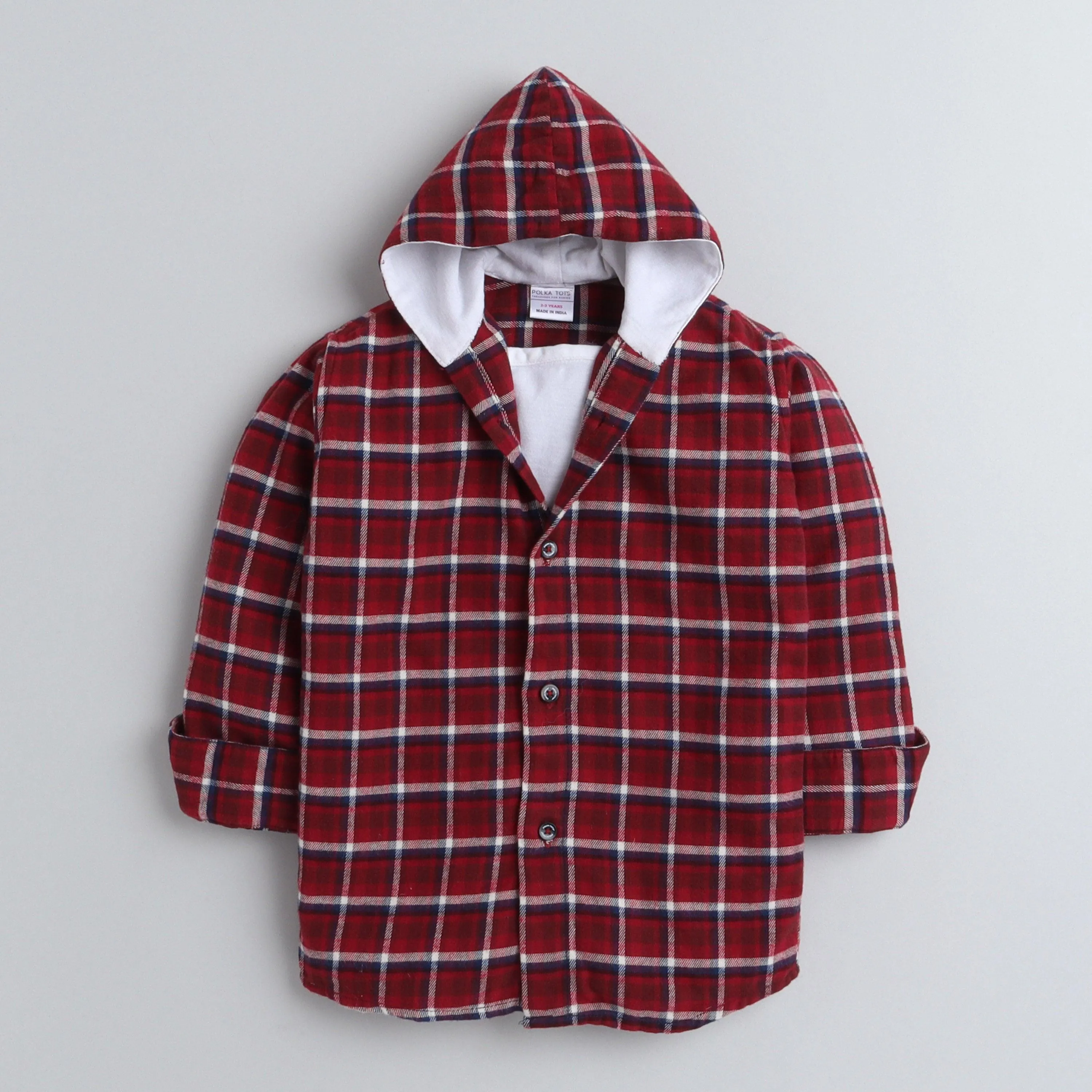 Polka Tots Full Sleeves Checked Hooded TShirt Shirt - Red