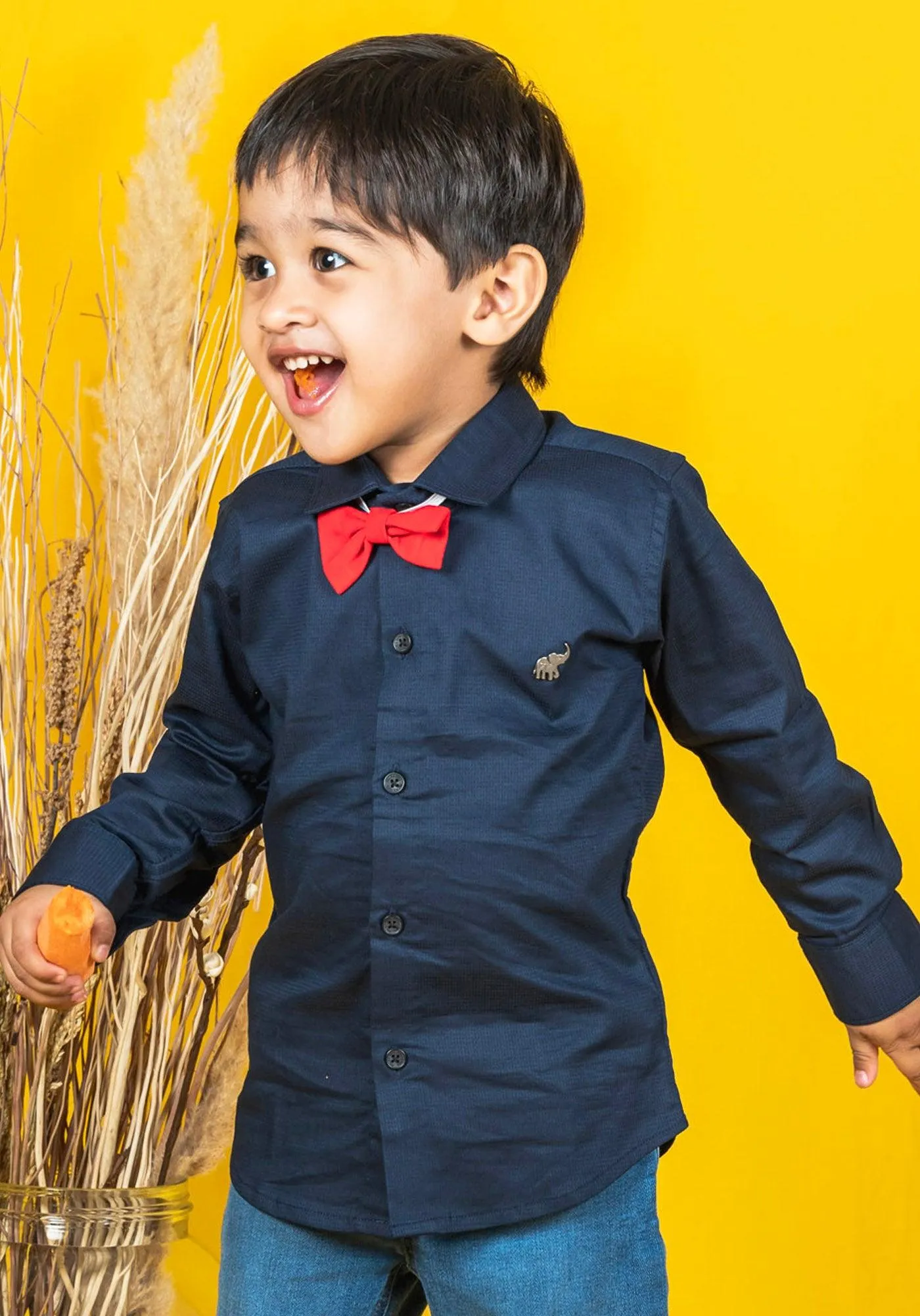 Polka Tots Full Sleeves Solid Shirt With Bow Tie - Navy Blue