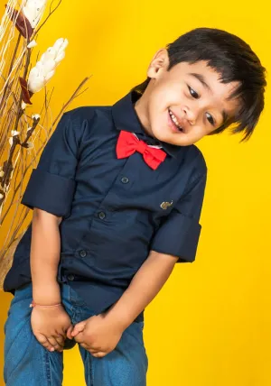 Polka Tots Full Sleeves Solid Shirt With Bow Tie - Navy Blue