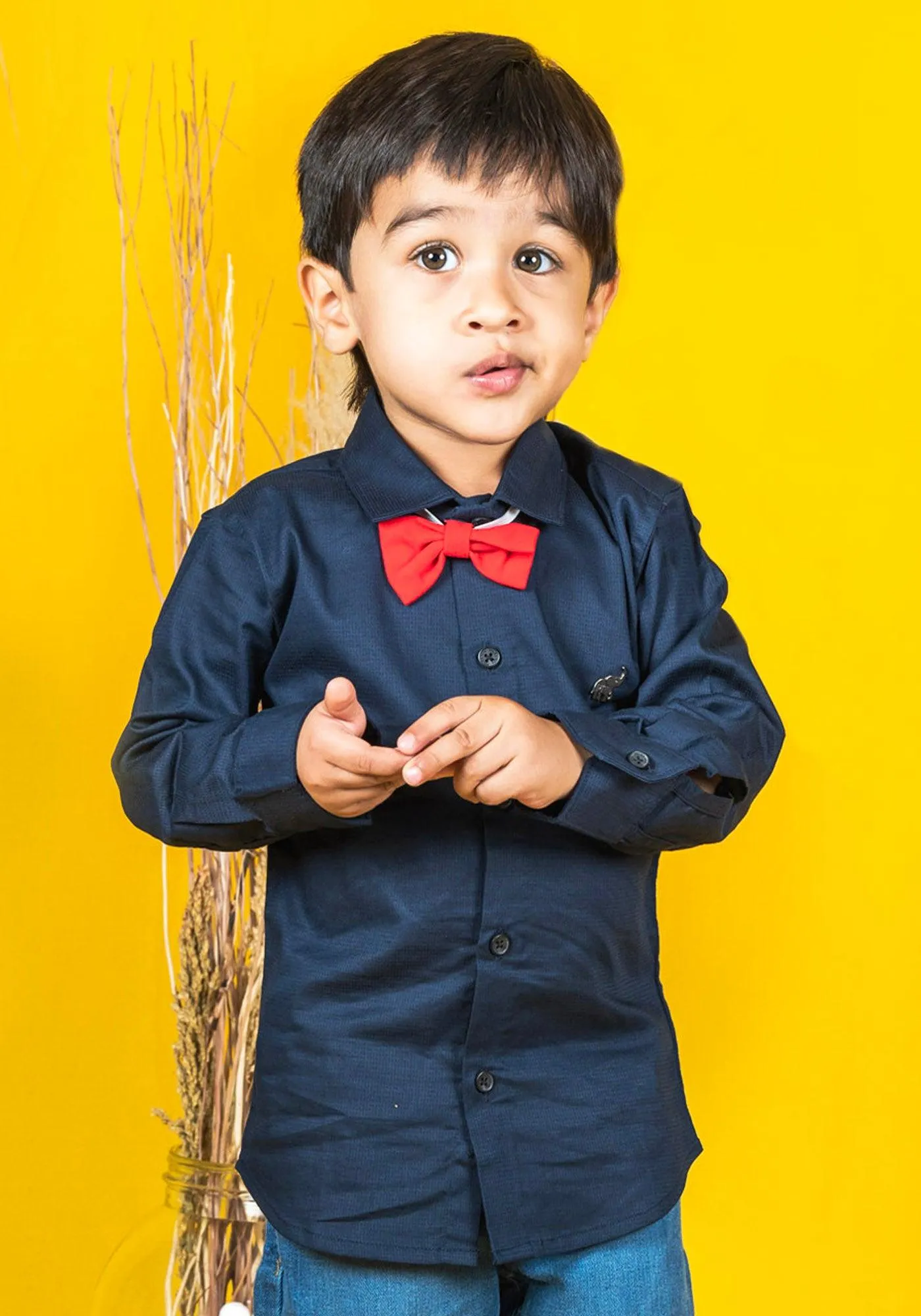 Polka Tots Full Sleeves Solid Shirt With Bow Tie - Navy Blue