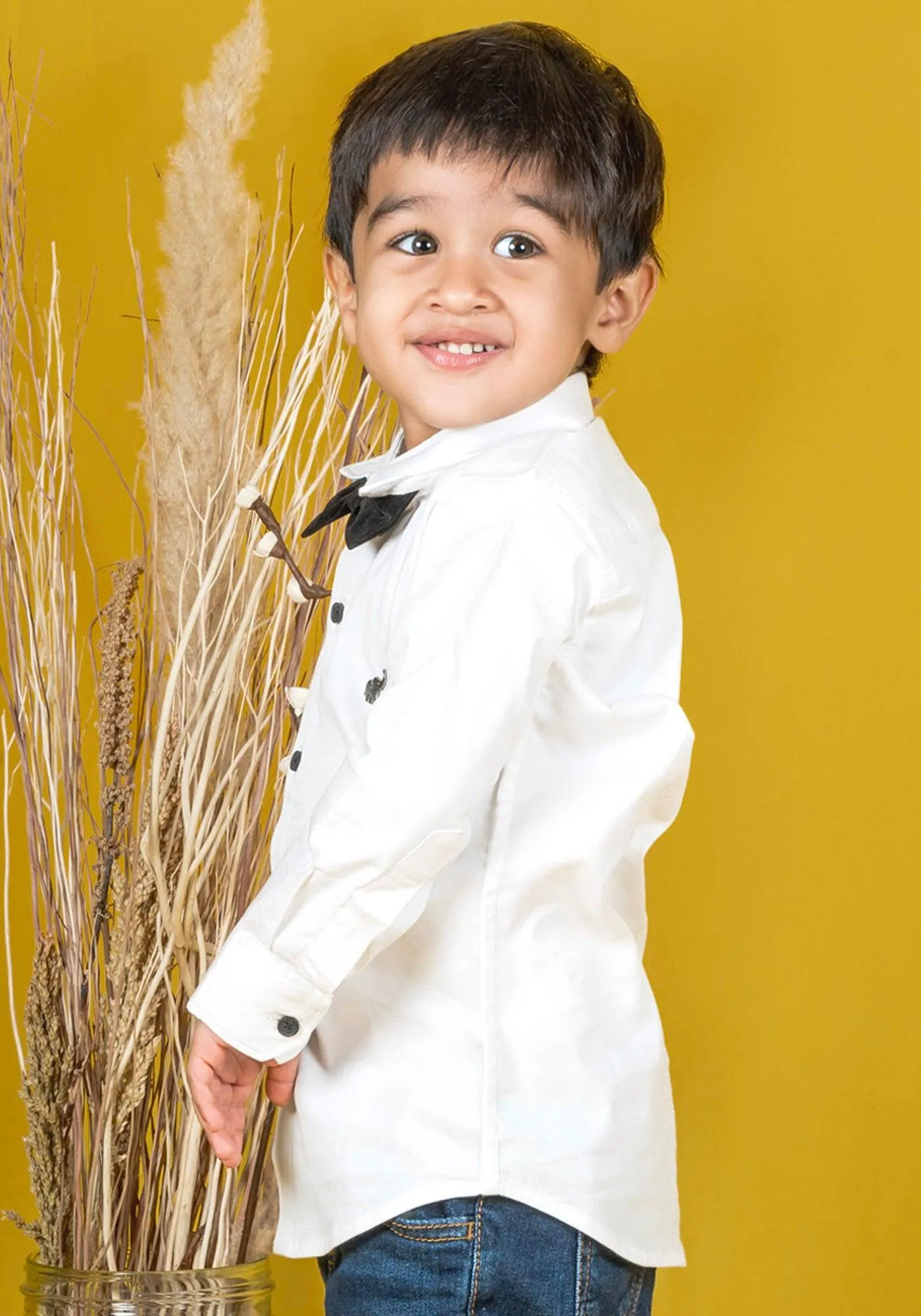 Polka Tots Full Sleeves Solid Shirt With Bow Tie - White