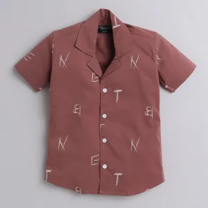 Polka Tots Half Sleeve Shirt Tennis Collar Alphabet Print - Brown