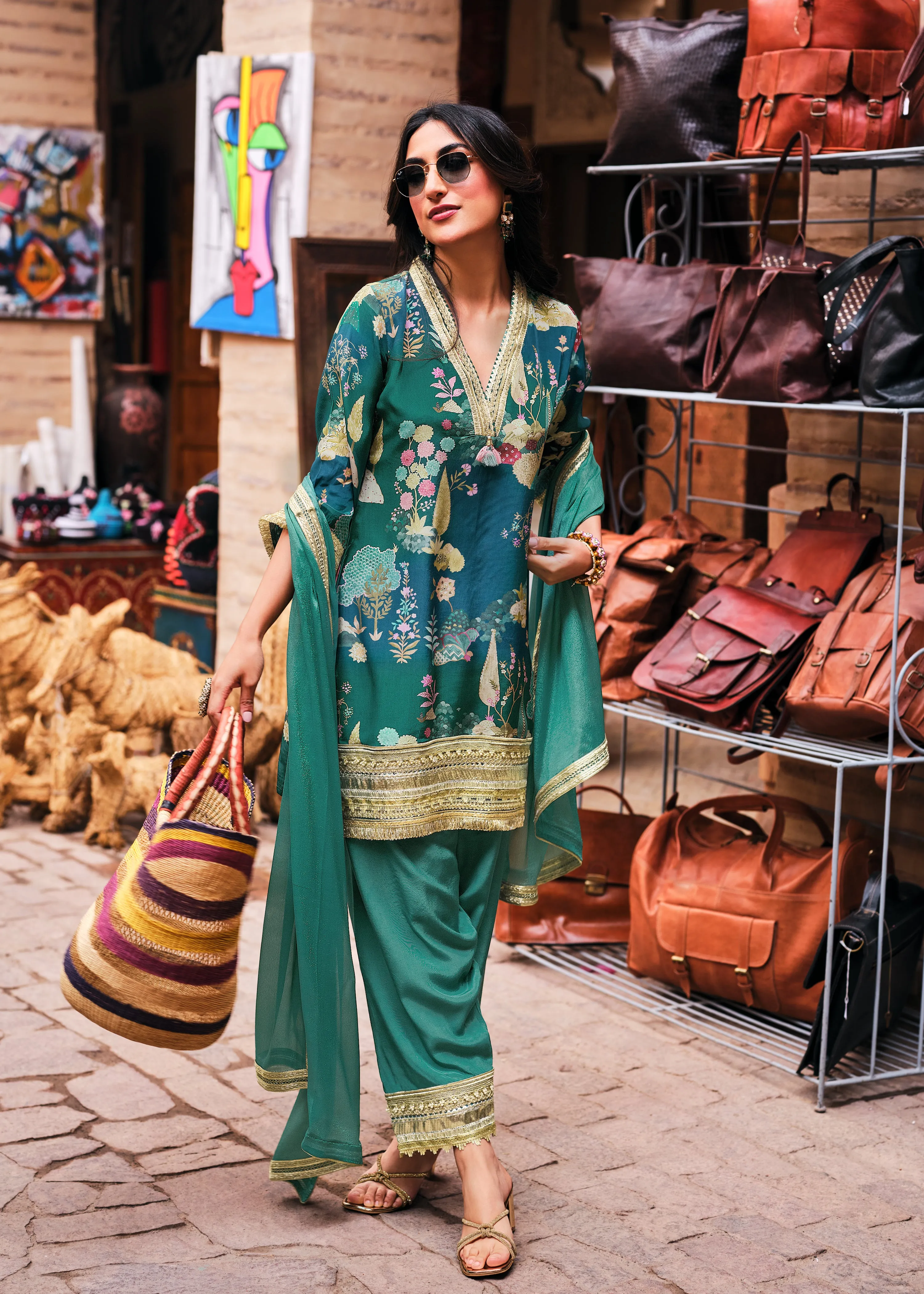 Premium Green Botanical Print Crepe Silk Salwar Suit Set