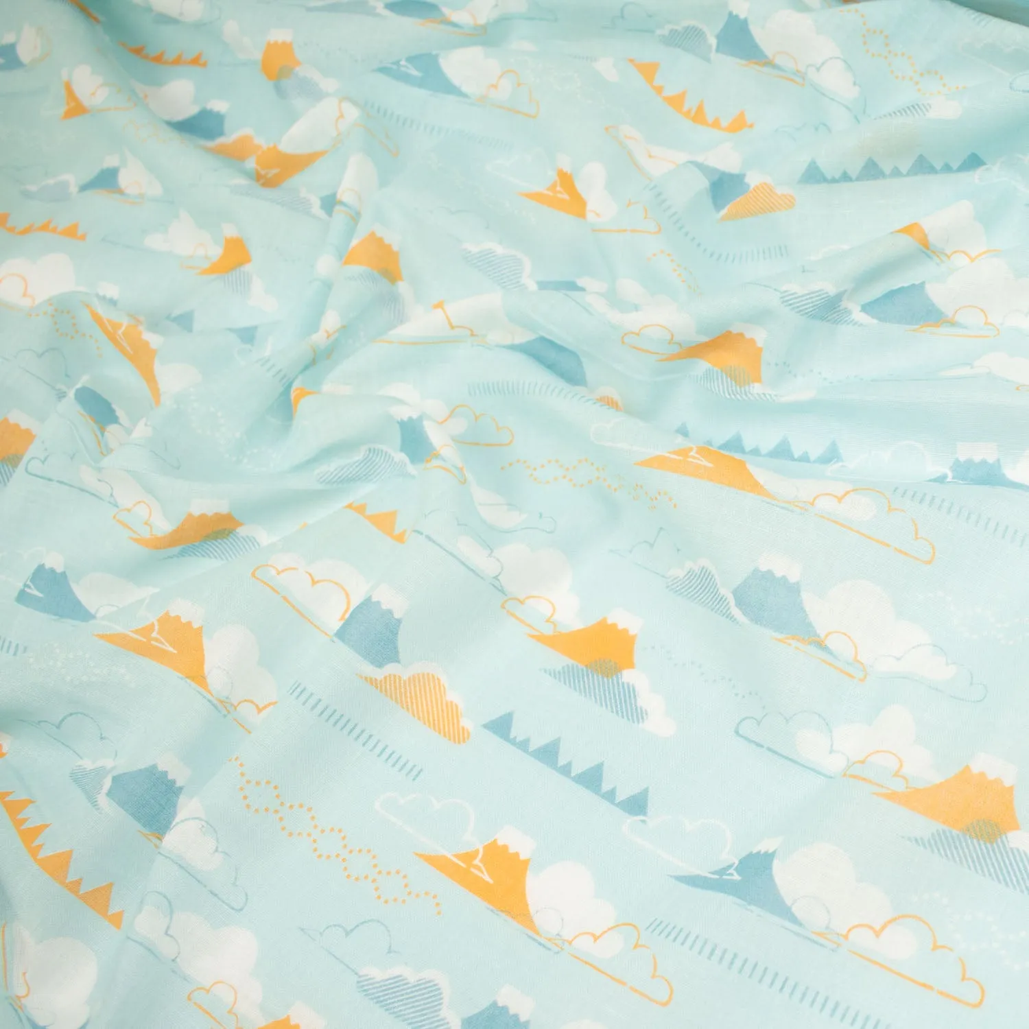 Printed Cotton Voile Design-33 Yellow Mountain & White Cloud on Baby Blue