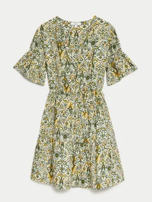 Pure cotton printed mini waisted smock dress