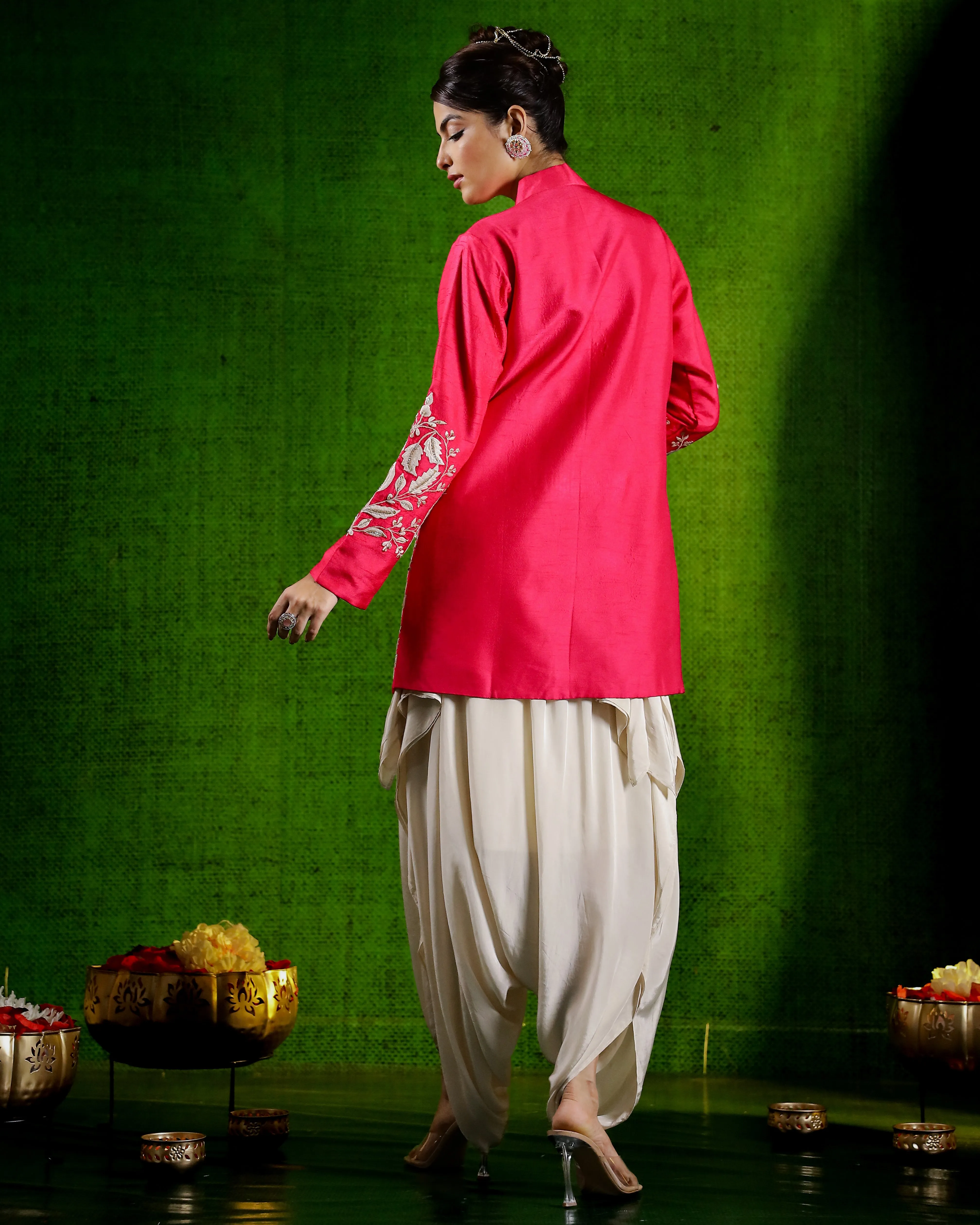 Rani Pink Embroidered Raw Silk Jacket with Cowl Pants