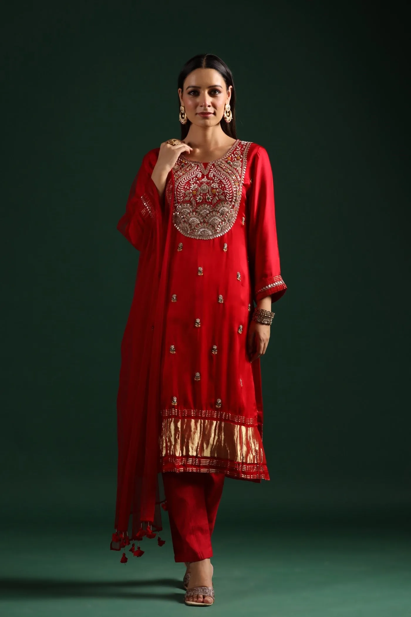 Red Embellished Gazzi Silk Pant Set