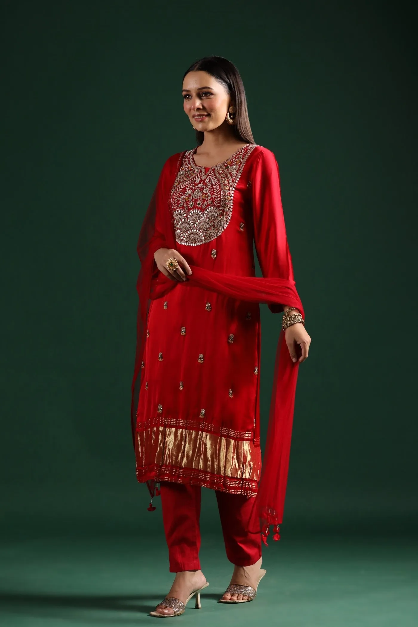 Red Embellished Gazzi Silk Pant Set