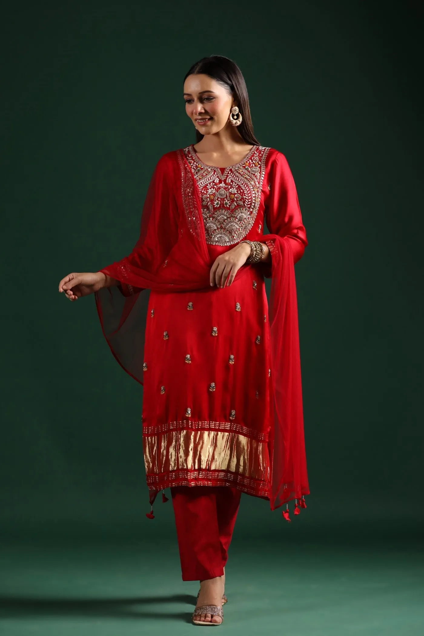 Red Embellished Gazzi Silk Pant Set