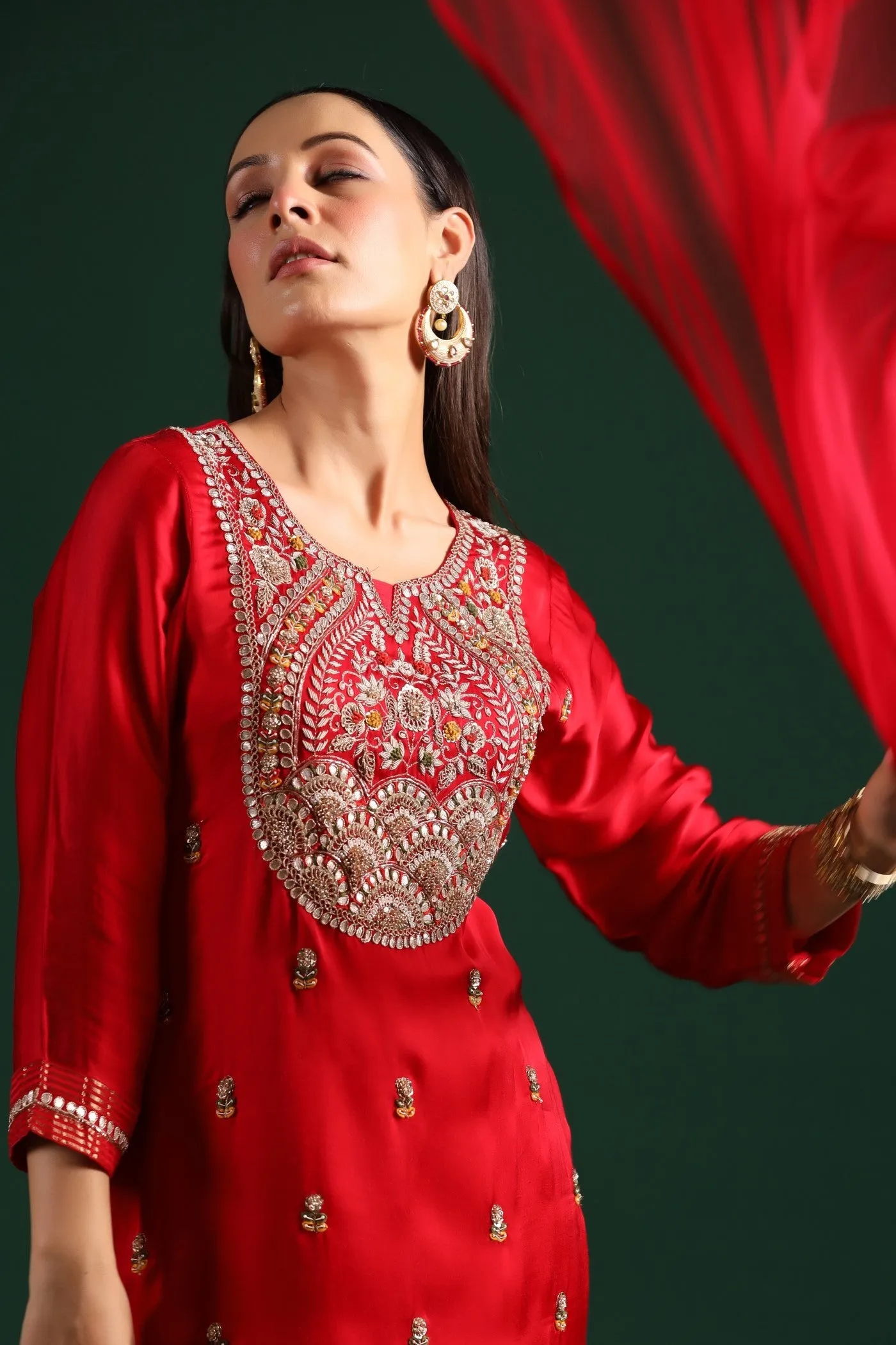 Red Embellished Gazzi Silk Pant Set