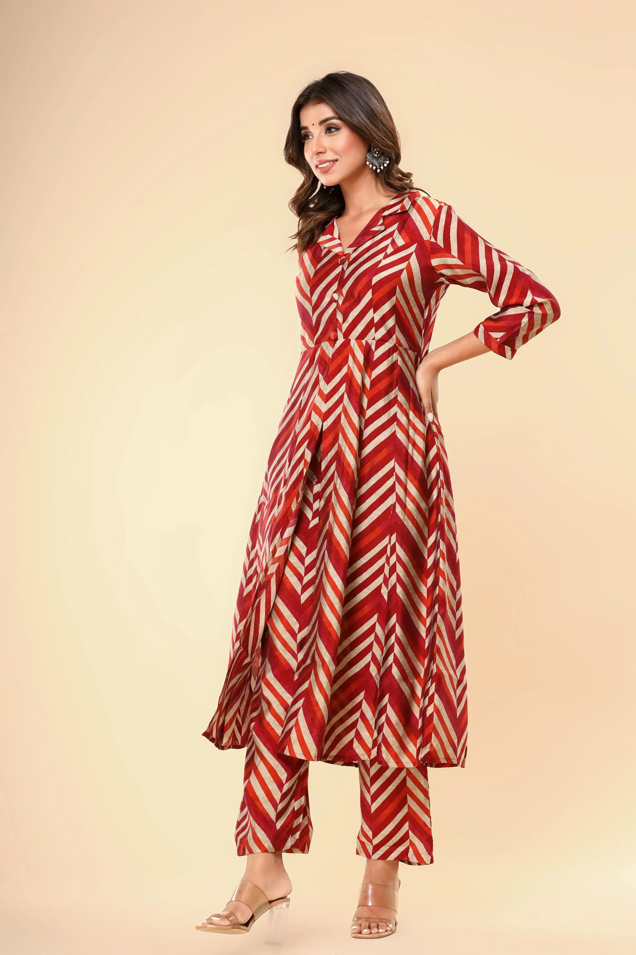 Red Printed Modal Silk Kurta & Pants Set