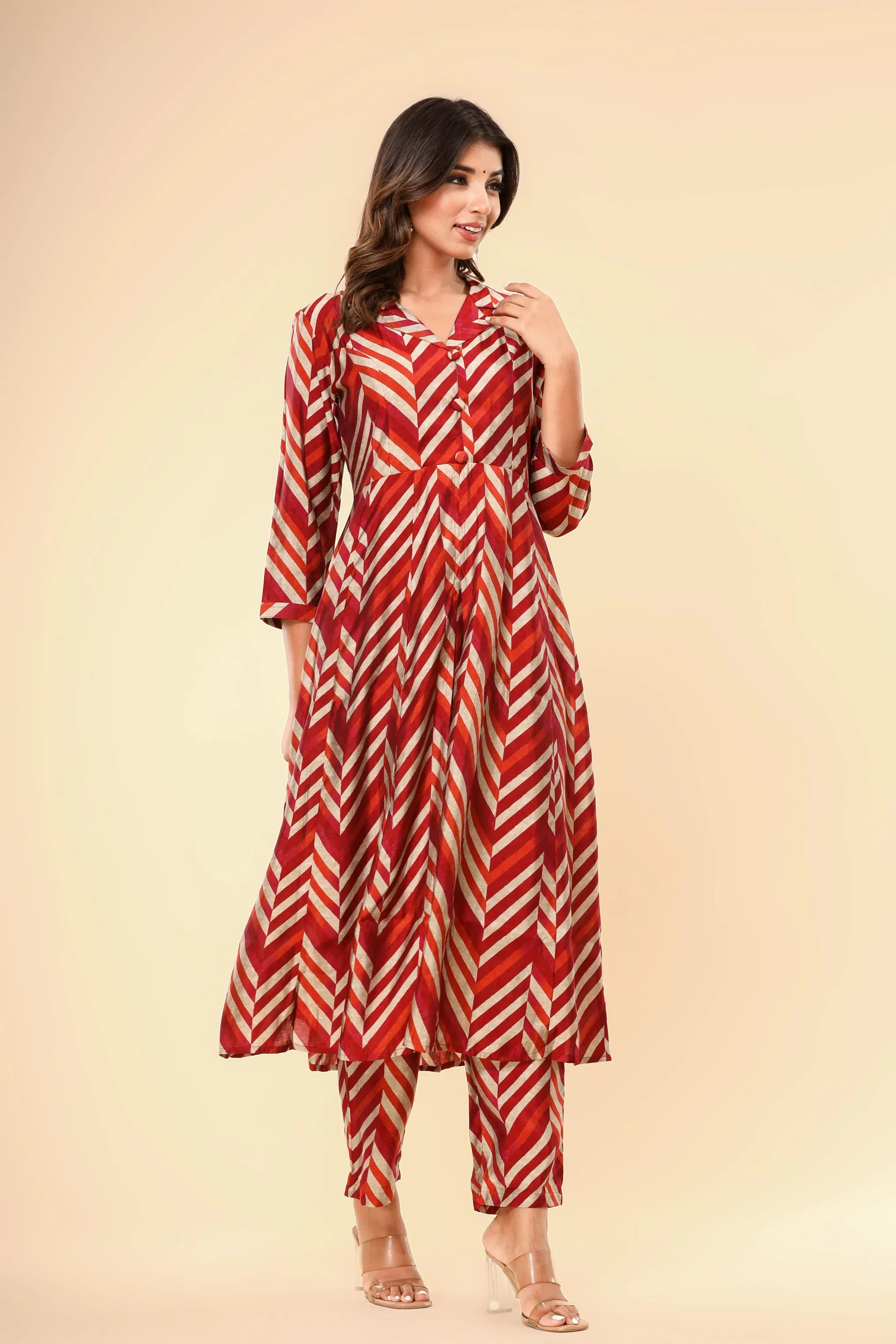 Red Printed Modal Silk Kurta & Pants Set