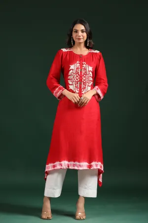 Red Tie Dye Raw Silk Kurta & Pants Set