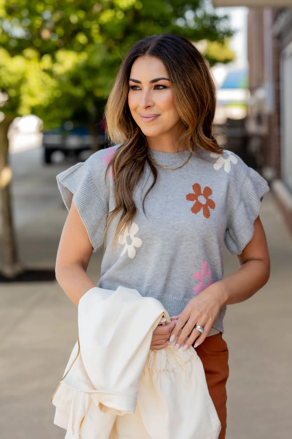 Retro Daisies Flutter Trim Sweater