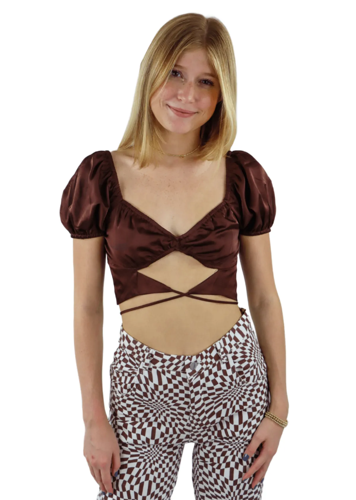 Rock N Rags - "Deja Vu" Top - Brown - Crop Puff Sleeves