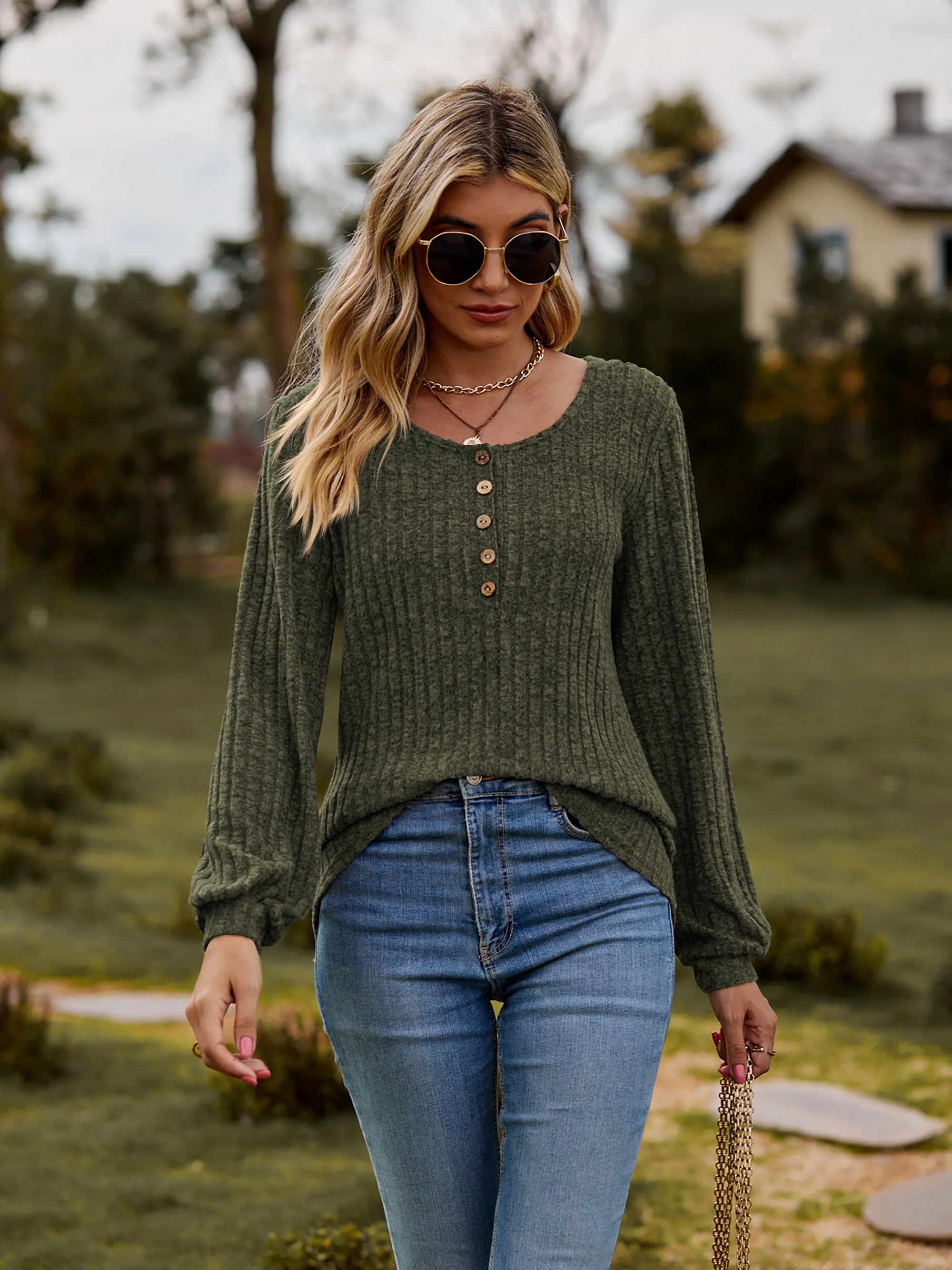 Round Neck Button-Down Long Sleeve Tee