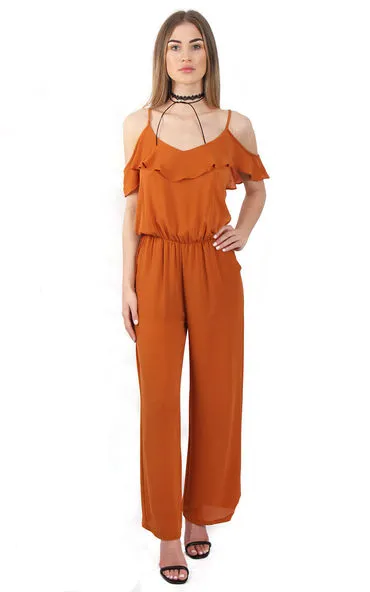 Ruffle Cold Shoulder Wide Leg Jumpsuit