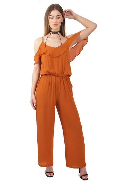 Ruffle Cold Shoulder Wide Leg Jumpsuit