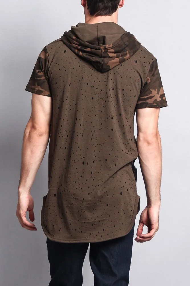 Star Print Block Camo Splatter Hooded T-Shirt