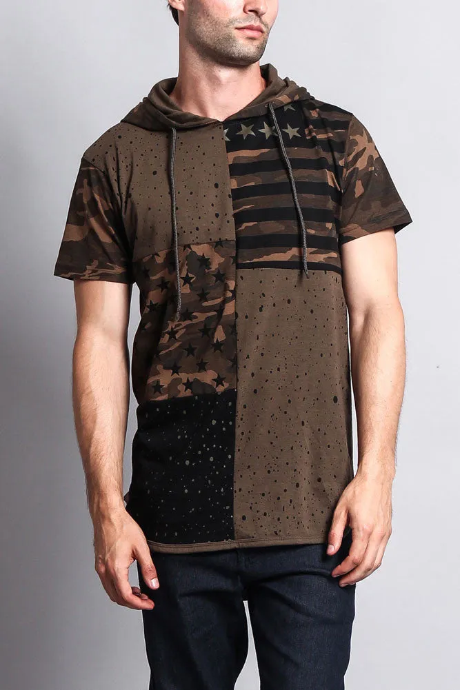 Star Print Block Camo Splatter Hooded T-Shirt