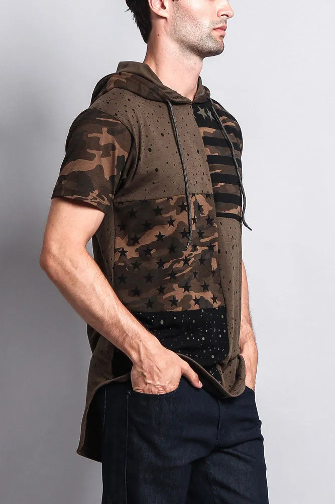 Star Print Block Camo Splatter Hooded T-Shirt