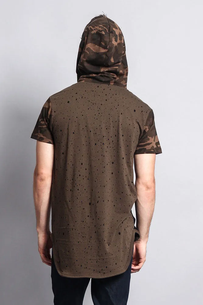 Star Print Block Camo Splatter Hooded T-Shirt