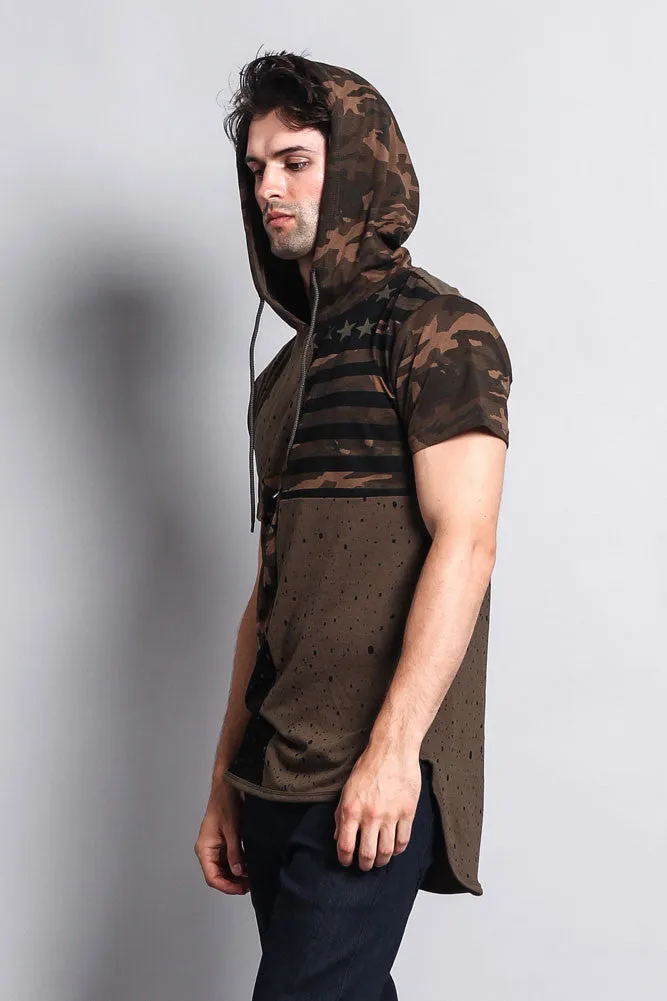 Star Print Block Camo Splatter Hooded T-Shirt