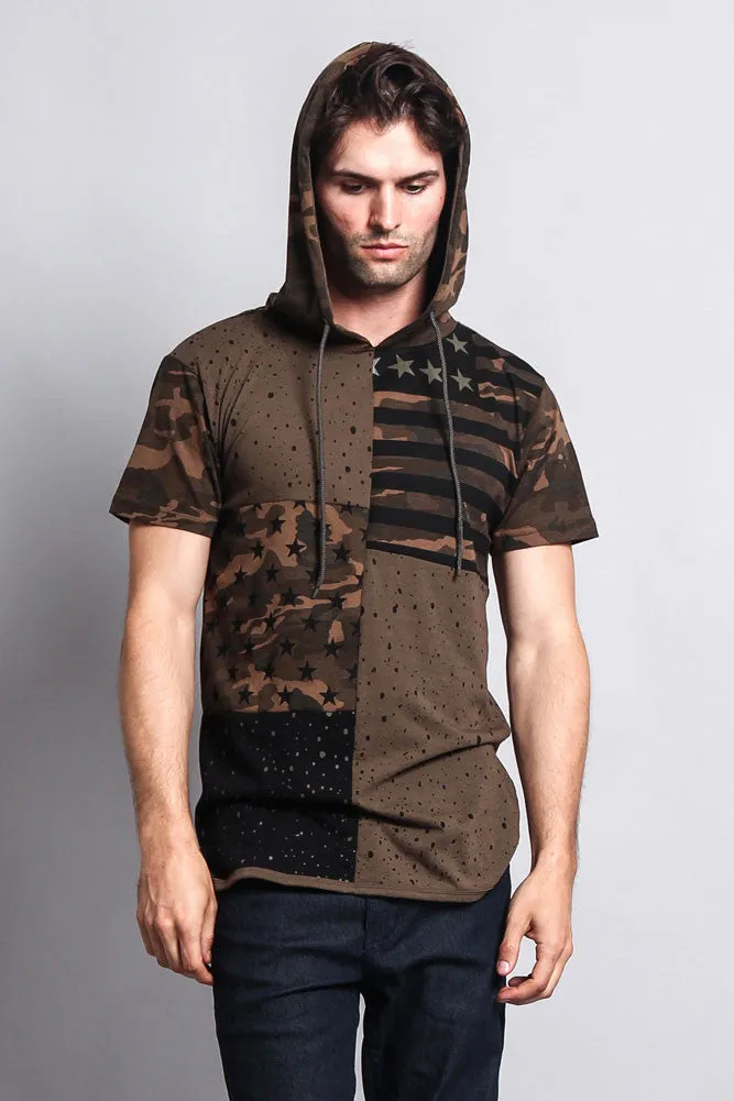 Star Print Block Camo Splatter Hooded T-Shirt