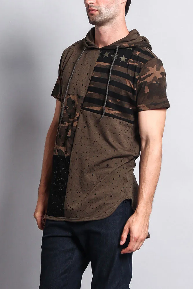 Star Print Block Camo Splatter Hooded T-Shirt