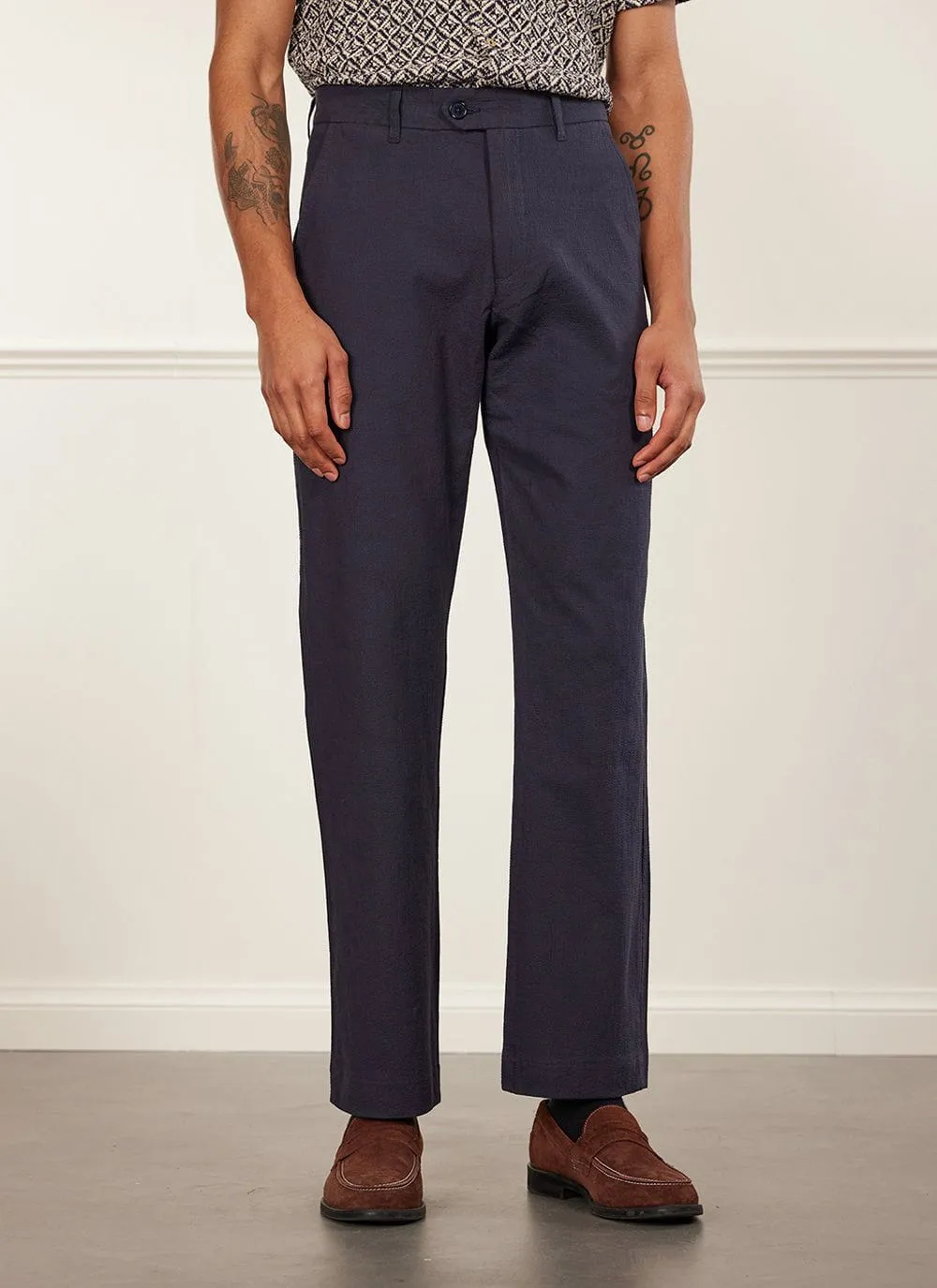 Tailored Seersucker Trousers | Navy