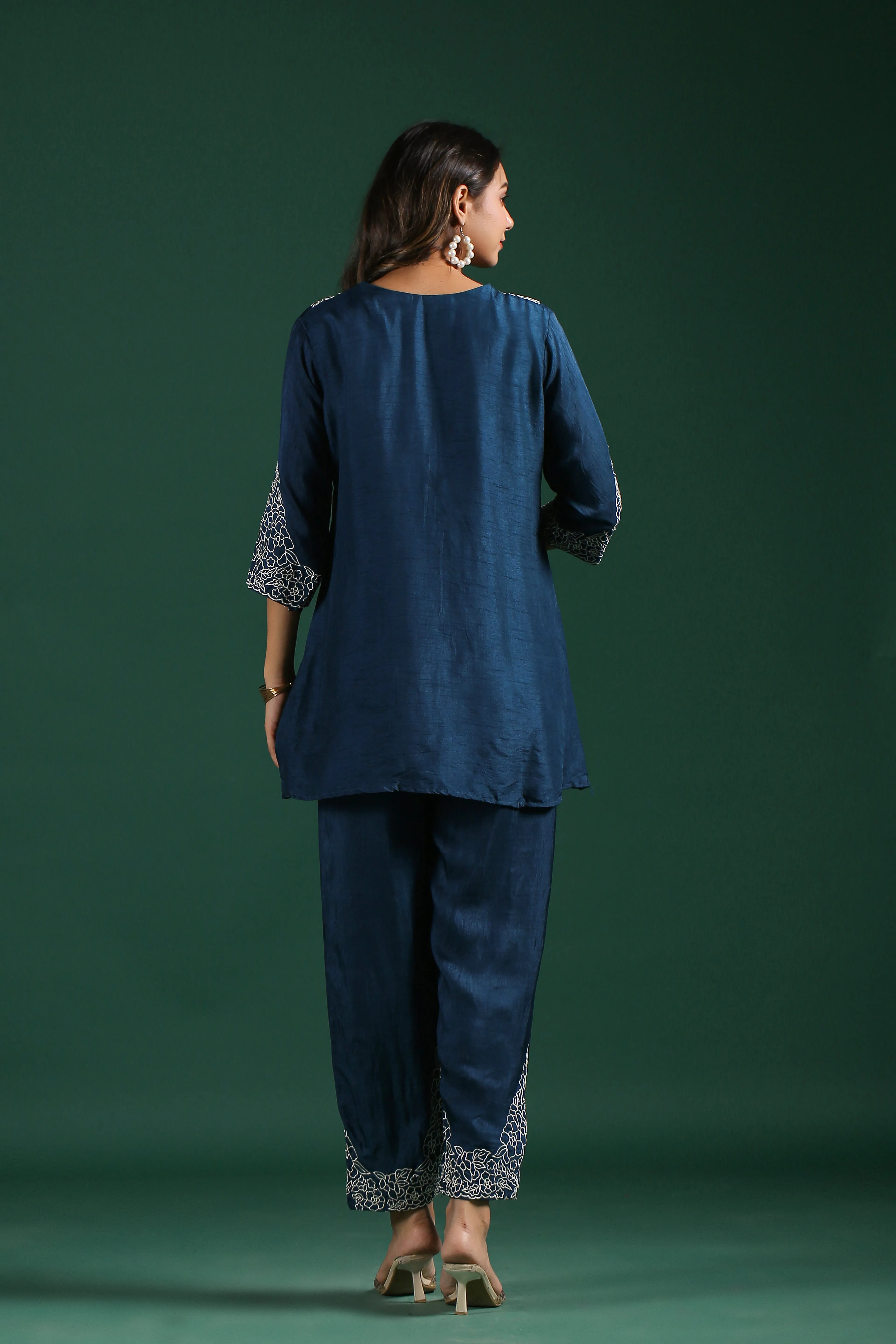 Teal Blue Embroidered Raw Silk Co-Ord Set