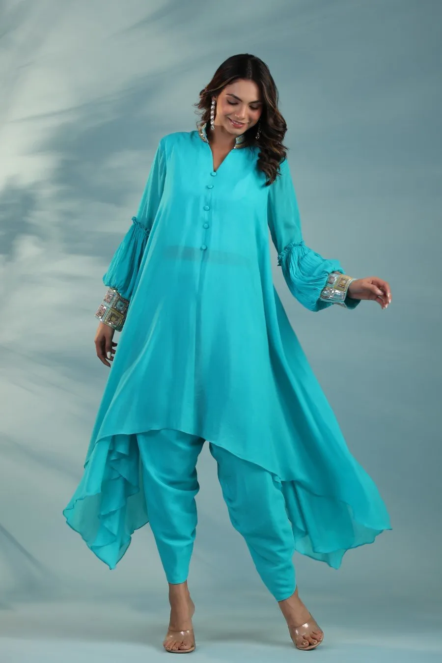 Turquoise Embroidered Tunic With Dhoti Pants