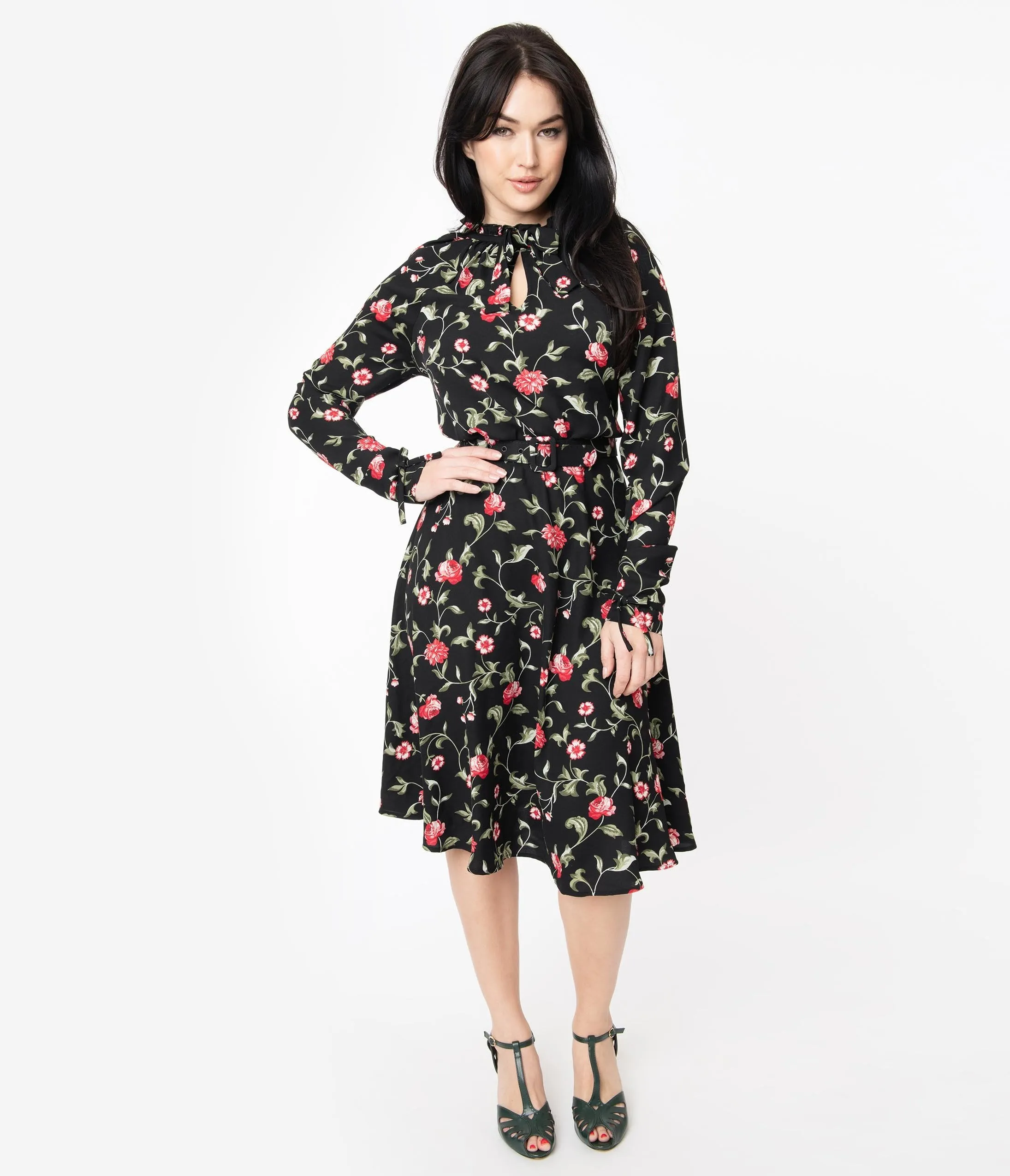 Unique Vintage 1950s Black & Red Floral Print Vandella Swing Dress