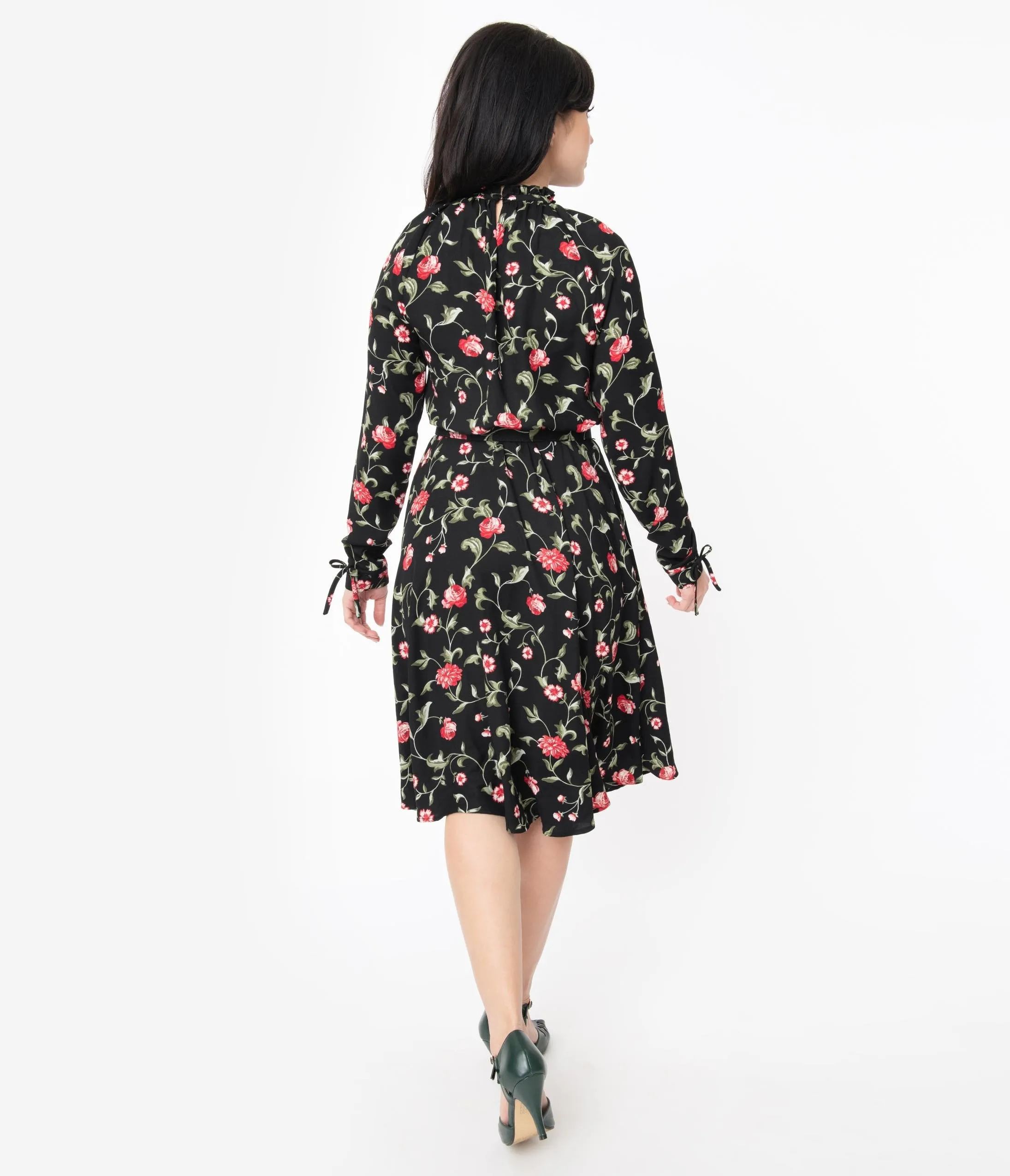 Unique Vintage 1950s Black & Red Floral Print Vandella Swing Dress