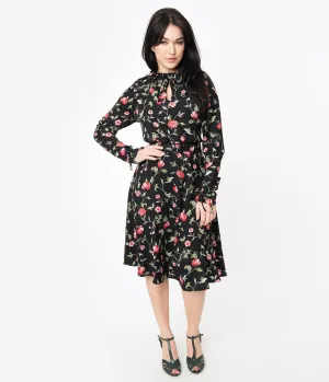 Unique Vintage 1950s Black & Red Floral Print Vandella Swing Dress