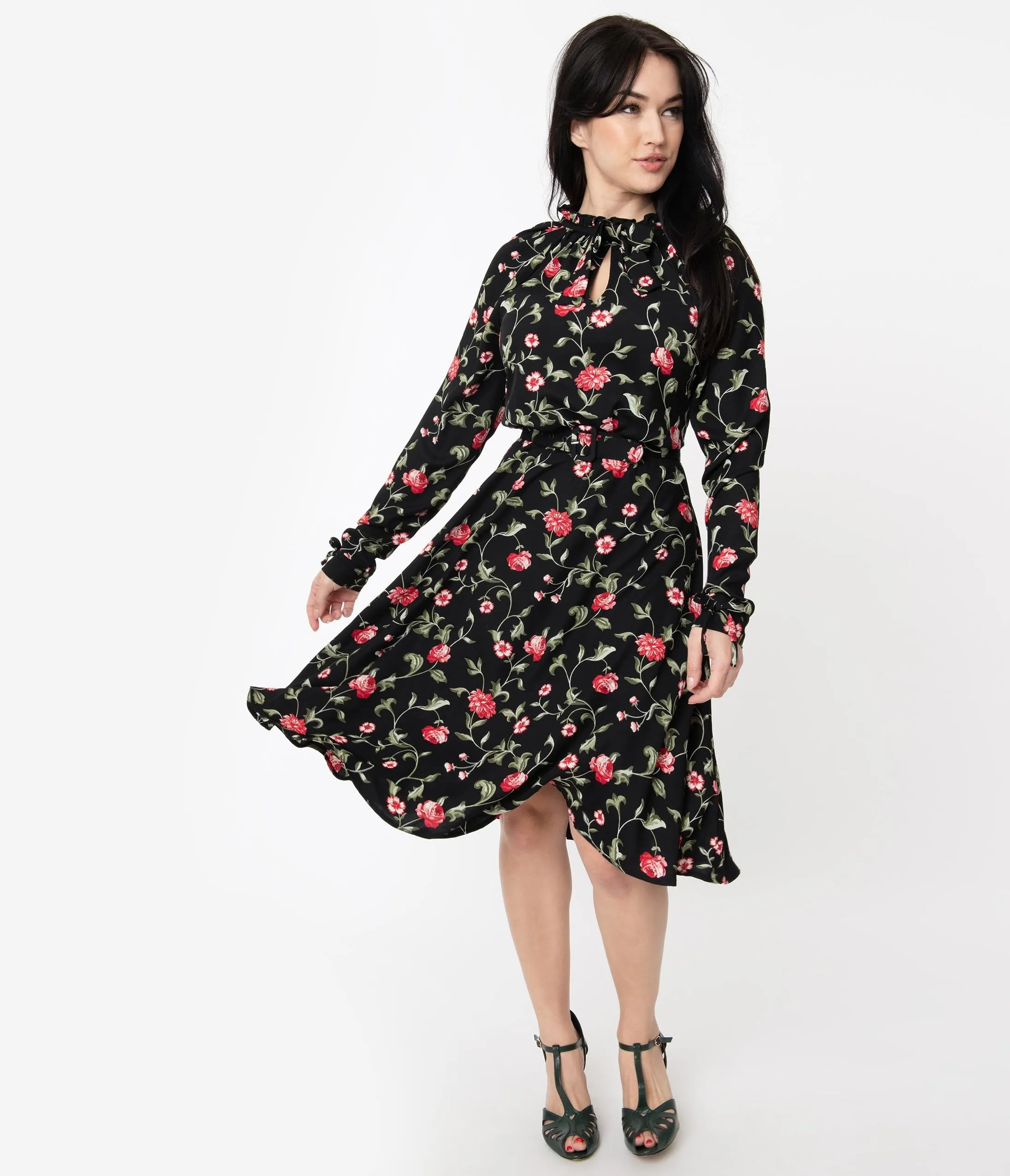 Unique Vintage 1950s Black & Red Floral Print Vandella Swing Dress