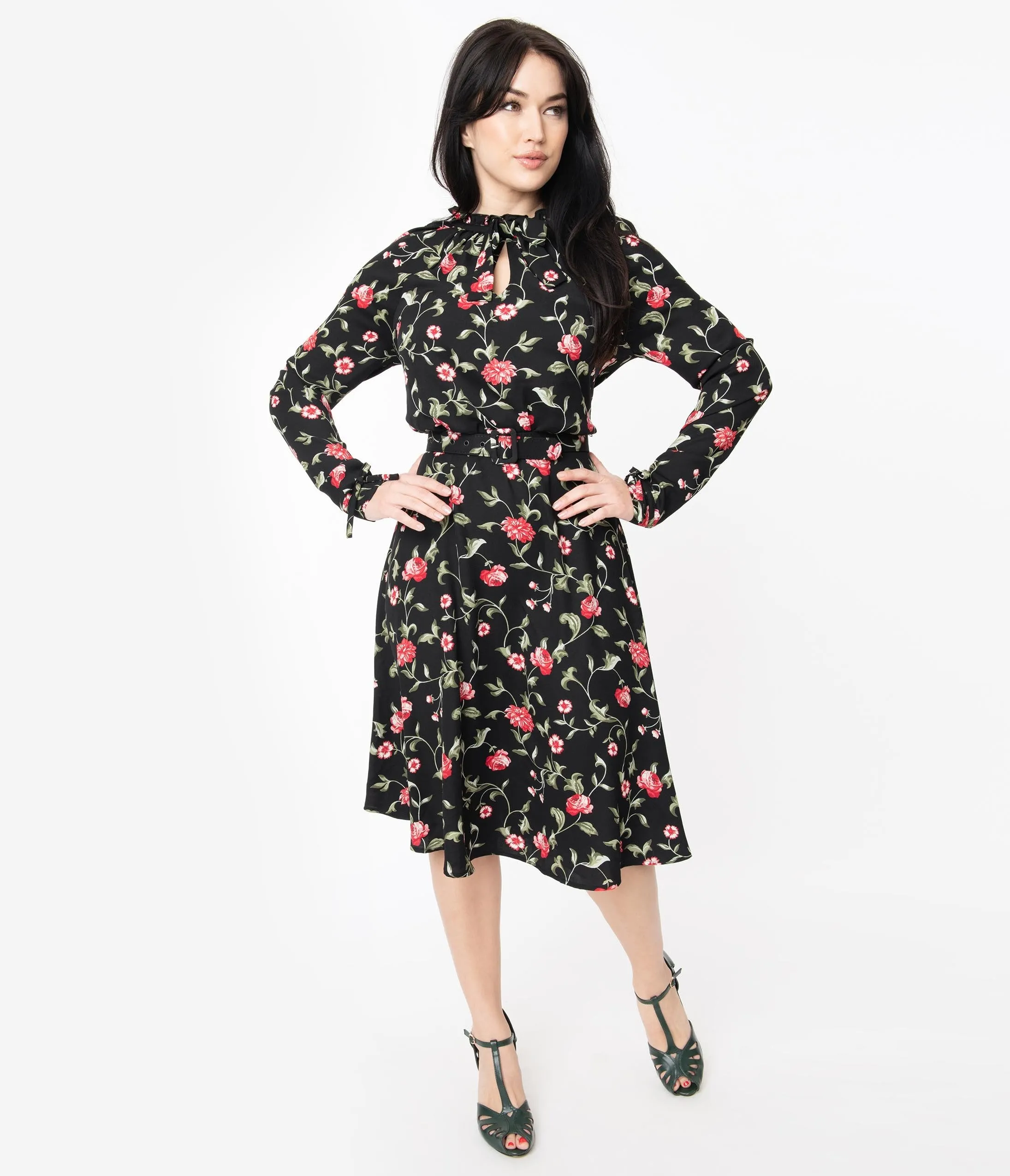 Unique Vintage 1950s Black & Red Floral Print Vandella Swing Dress