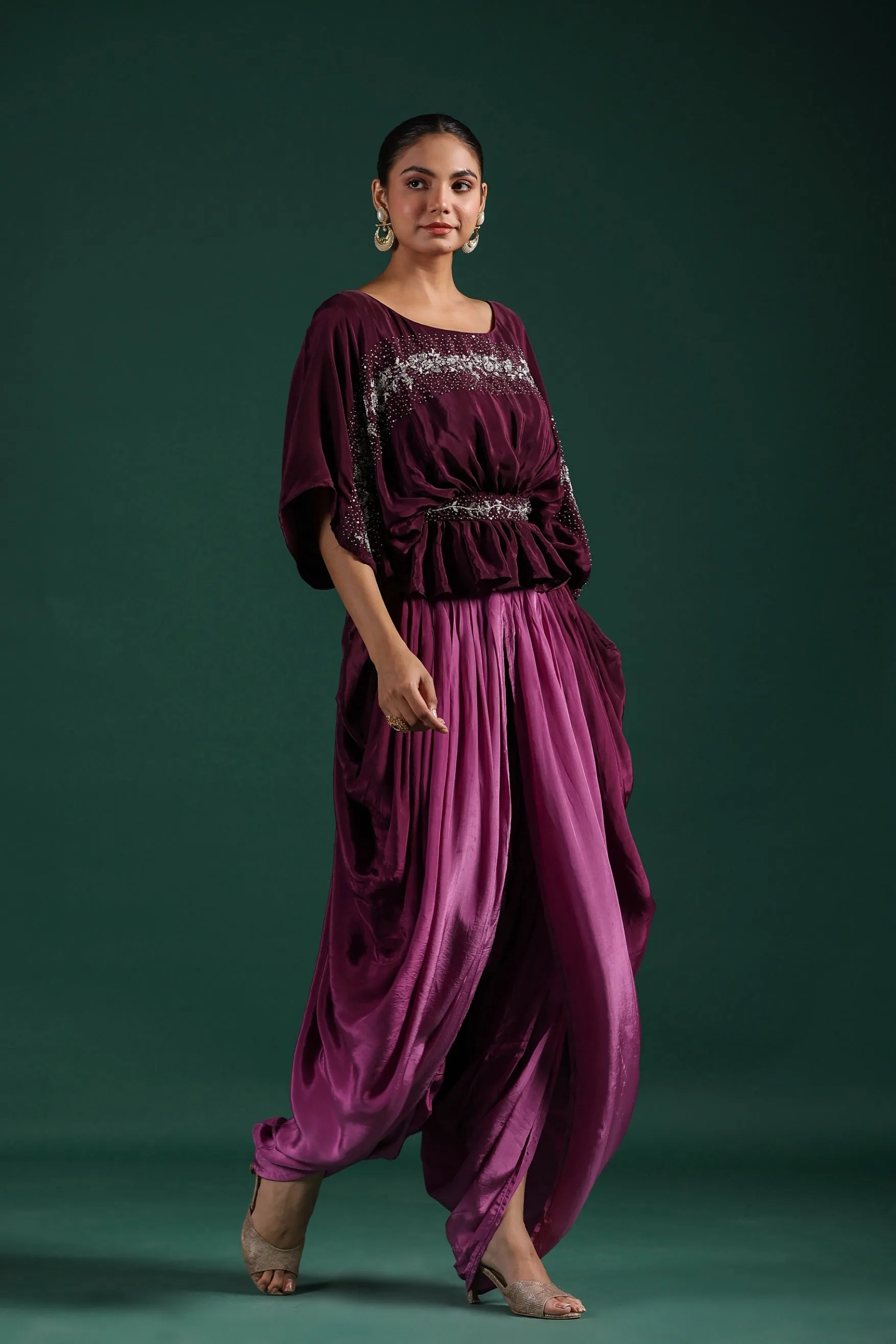 Wine Embellished Premium Silk Dhoti Set