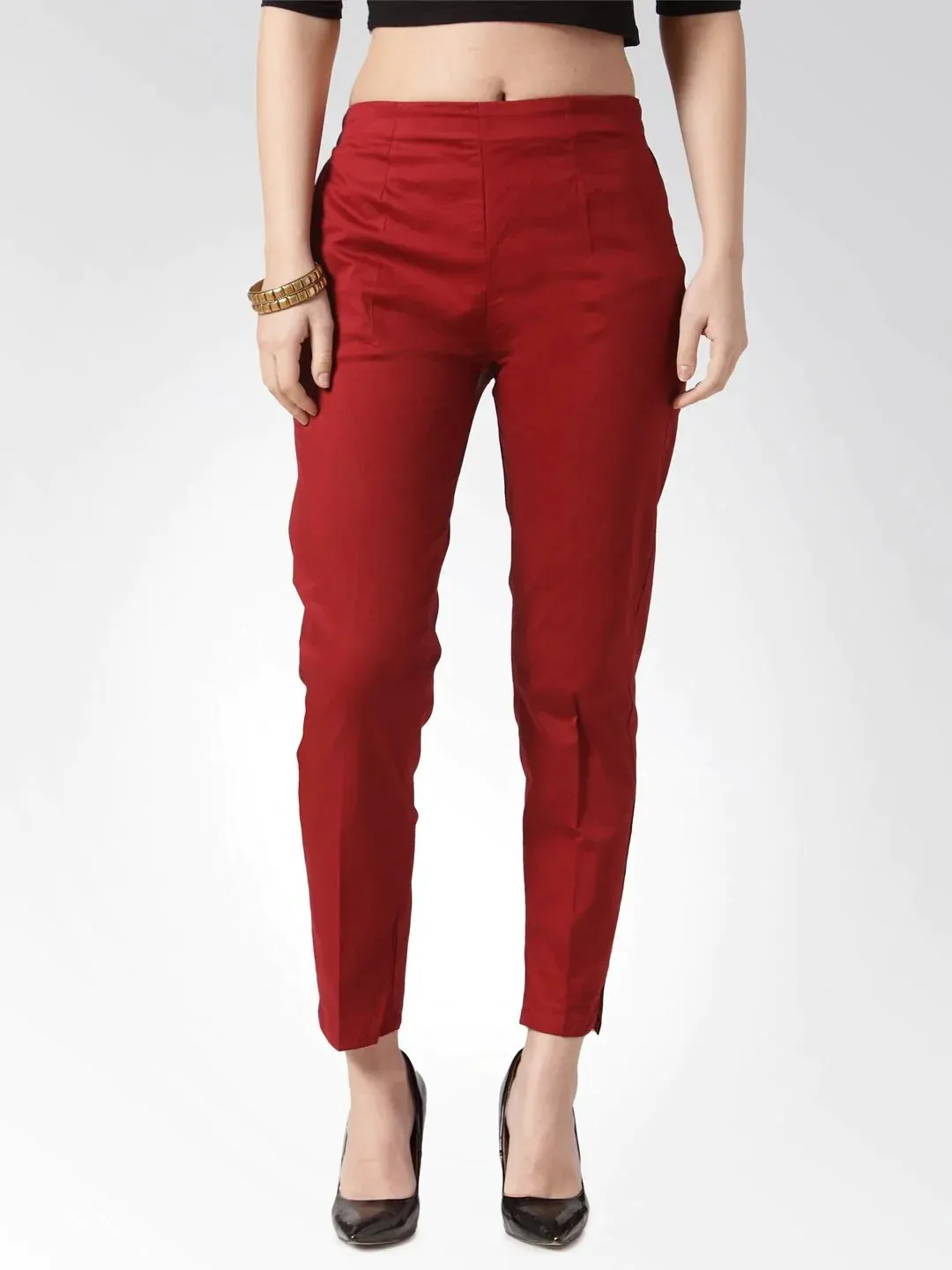 Women Maroon Smart Slim Fit Solid Regular Trousers