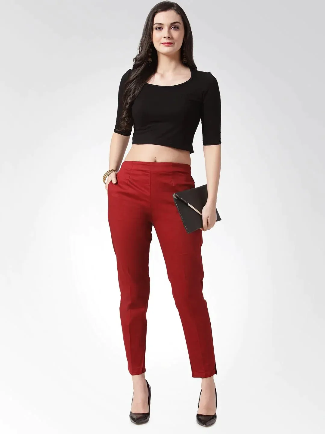 Women Maroon Smart Slim Fit Solid Regular Trousers