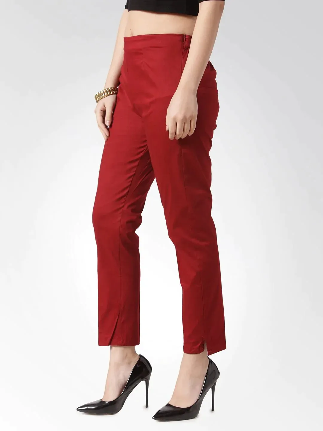 Women Maroon Smart Slim Fit Solid Regular Trousers