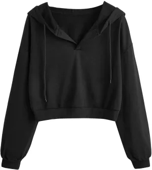 Women's Casual Long Sleeve V Neck Drawstring Crop Top Hoodies Sweatshirt